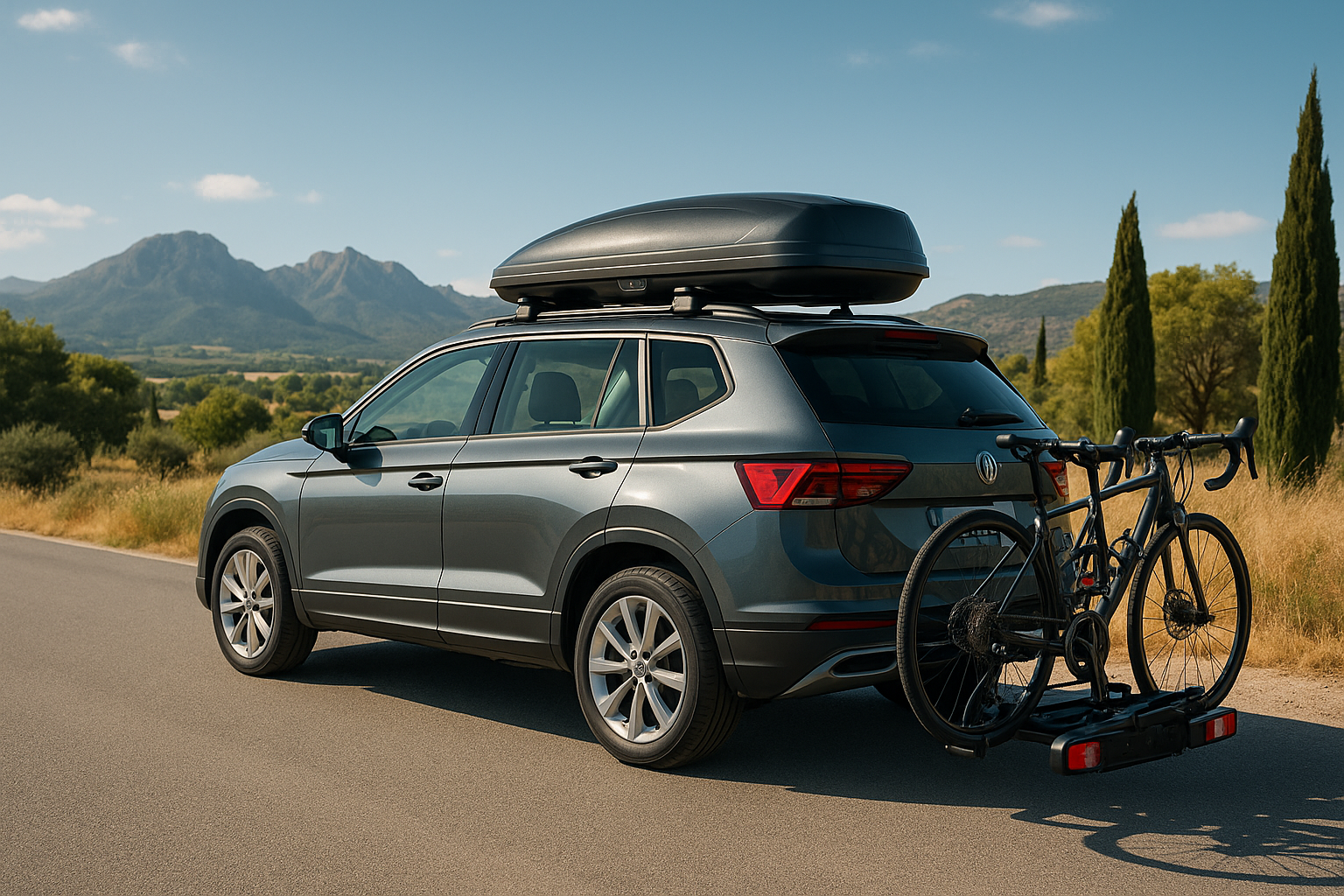 SUV con caja de techo y portabicicletas de enganche para transporte de carga exterior de forma segura y legal en España