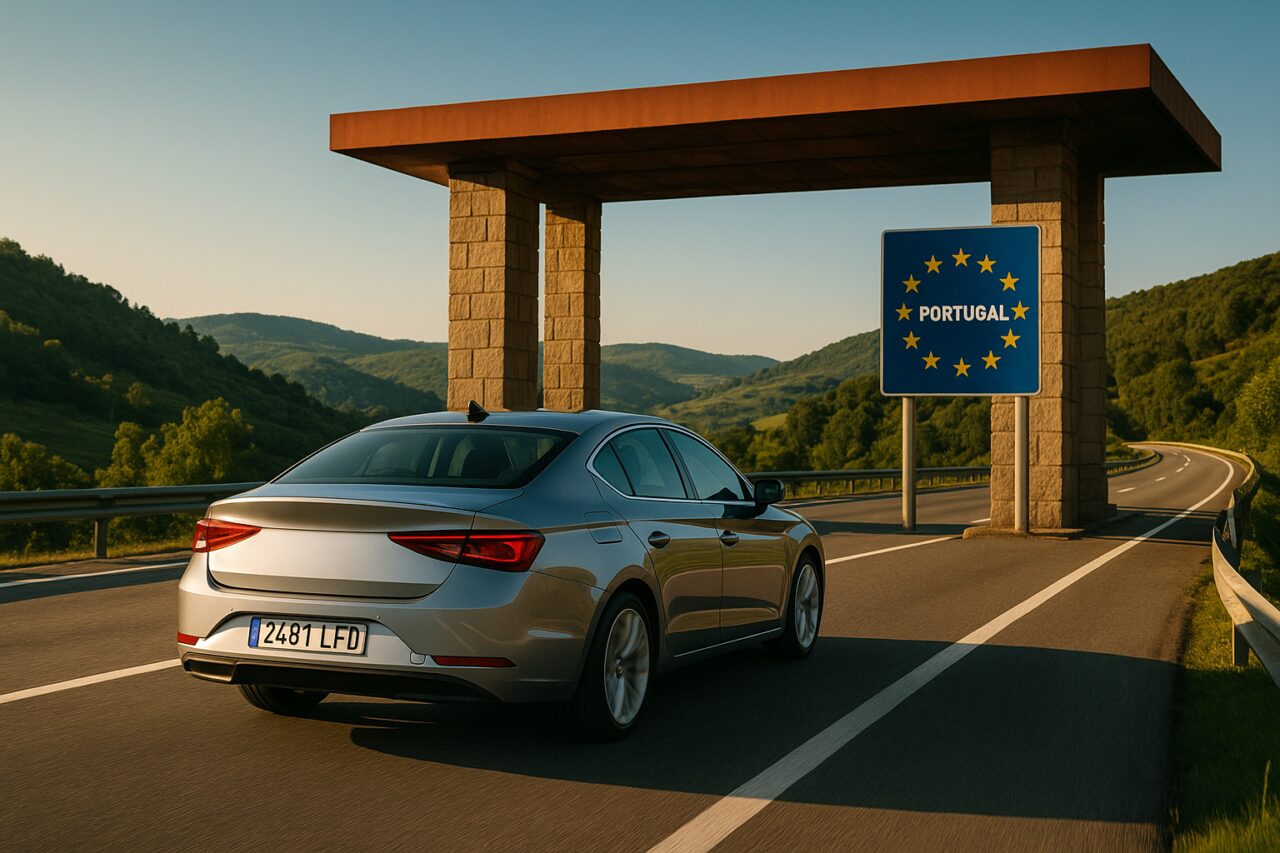 Coche de renting con matrícula española cruzando la frontera hacia Europa en un viaje al extranjero