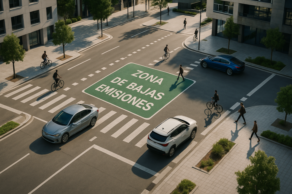 Zona de Bajas Emisiones en una ciudad española con vehículos eléctricos y ciclistas conviviendo en el entorno urbano